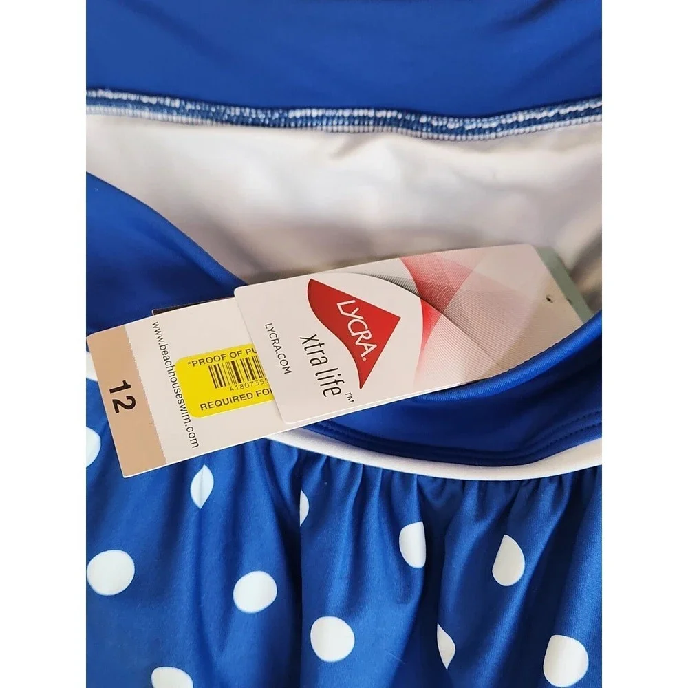 Beach House Women's‎ Blue Polka Dot Sport Tully Tankini Swim Top Size 12 NWT